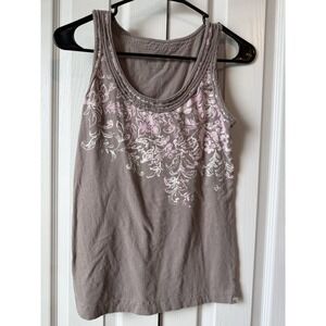 Eddie Bauer Women's Floral Tank Top – Size Small – Brown & Pink Embroidered Trim